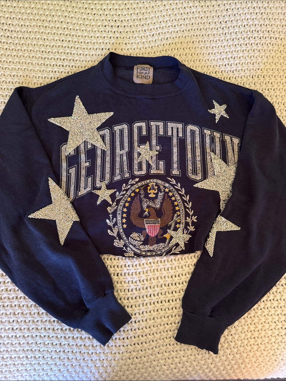 Georgetown Navy Cropped Crewneck with Silver Stars (Vintage Reworked LF)